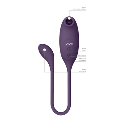 Purple Vive Quino Air Wave vibrator with labeled clitoral suction stimulator, vibrating egg, buttons, and USB magnetic charging point.