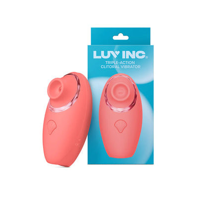 Coral pink Luv Inc Tv11 triple-action clitoral vibrator with packaging in blue box.