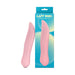 Pink silicone tongue-shaped vibrator with curved tip next to blue and green Luv Inc branded packaging.