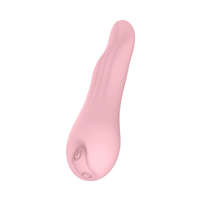 Pink silicone tongue-shaped vibrator with textured tip and control buttons at the base, designed for targeted stimulation.