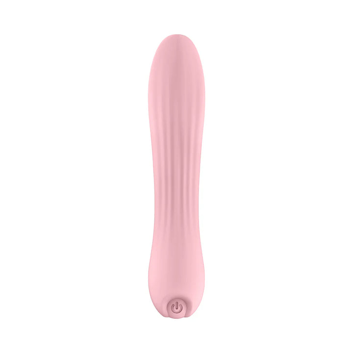 Pink silicone tongue-shaped vibrator with textured surface and power button at the base, designed for targeted stimulation.