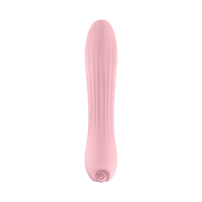 Pink silicone tongue-shaped vibrator with textured surface and power button at the base, designed for targeted stimulation.