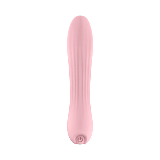 Pink silicone tongue-shaped vibrator with textured surface and power button at the base, designed for targeted stimulation.
