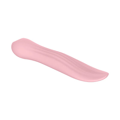 Pink silicone tongue-shaped vibrator with textured surface and curved tip for targeted stimulation.