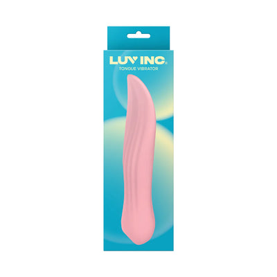 Pink tongue-shaped vibrator in blue and yellow gradient packaging with Luv Inc branding.