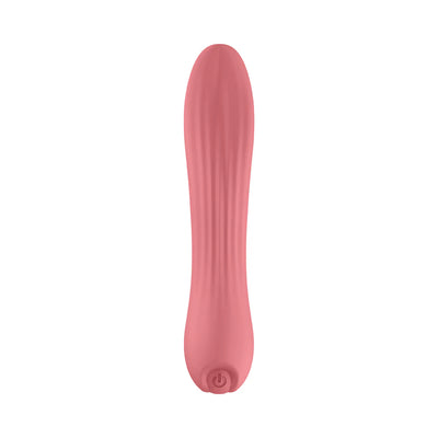 Pink silicone tongue-shaped vibrator with textured surface and power button at the base on white background