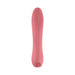 Pink silicone tongue-shaped vibrator with textured surface and power button at the base on white background