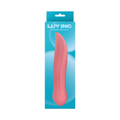 Pink tongue-shaped vibrator in blue Luv Inc branded packaging with curved design and textured surface.