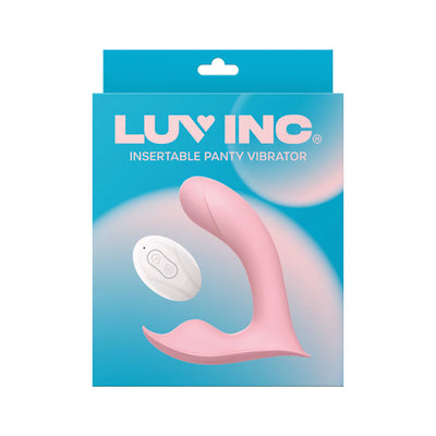Luv Inc pink insertable panty vibrator with white remote control on blue packaging background