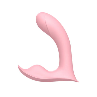 Pink curved insertable panty vibrator with ergonomic design for targeted stimulation, made of smooth silicone.