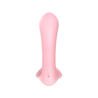 Pink insertable panty vibrator with smooth, curved design and discreet charging port on white background.