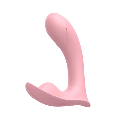 Pink silicone insertable panty vibrator with curved design for targeted stimulation.
