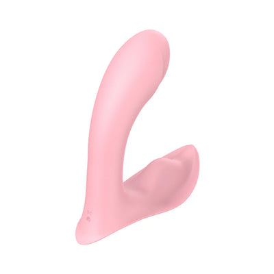 Pink curved insertable panty vibrator with smooth silicone finish and ergonomic design for targeted stimulation.