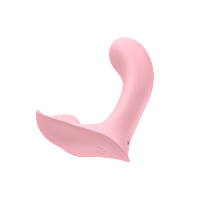 Pink silicone insertable panty vibrator with curved design and discreet control button.