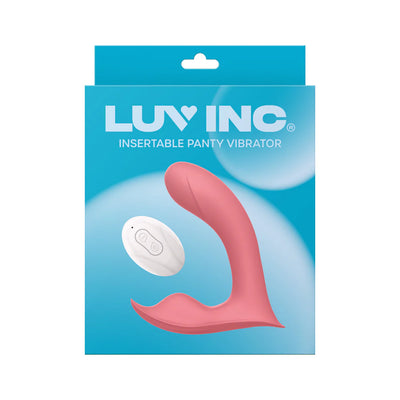Luv Inc pink insertable panty vibrator with white remote control on blue packaging background