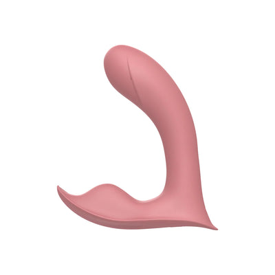 Pink curved insertable panty vibrator with ergonomic design for targeted stimulation, made from smooth silicone.