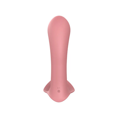 Pink silicone insertable panty vibrator with a smooth, curved design and a wide base for secure fit.