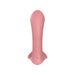 Pink silicone insertable panty vibrator with a smooth, curved design and a wide base for secure fit.