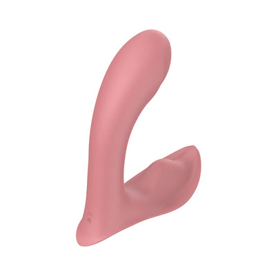 Pink silicone insertable panty vibrator with curved design for targeted stimulation and discreet wear.