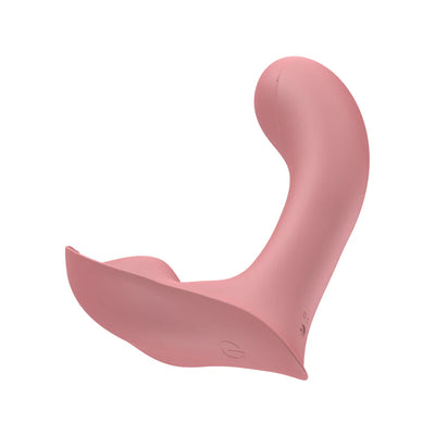 Pink silicone insertable panty vibrator with curved design and wide base for discreet G-spot stimulation.