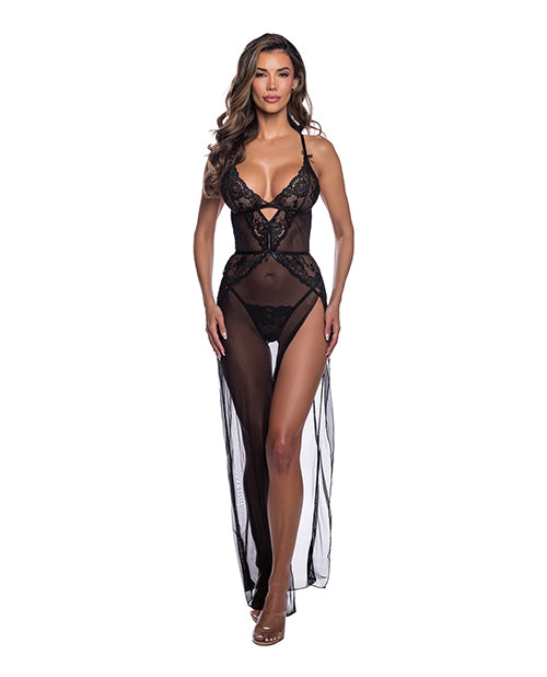 Sheer Desire Lace & Mesh Gown w/High Side Slit - Black S/M