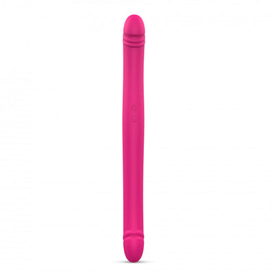 Pink flexible double-ended silicone vibrator with smooth textured heads and dual motors for varied stimulation.