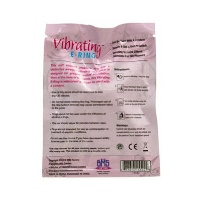 Packaging of Vibrating E-Ring with usage instructions and safety warnings on a pink background.