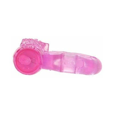 Pink translucent vibrating cockring with butterfly design and textured grip detail.
