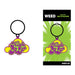 Colorful enamel keychain with "High AF" text in purple and yellow cloud design on black ring and green backing card.
