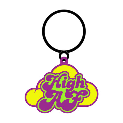 Colorful enamel keychain with "High AF" text in purple and green over a yellow cloud background on a black ring.