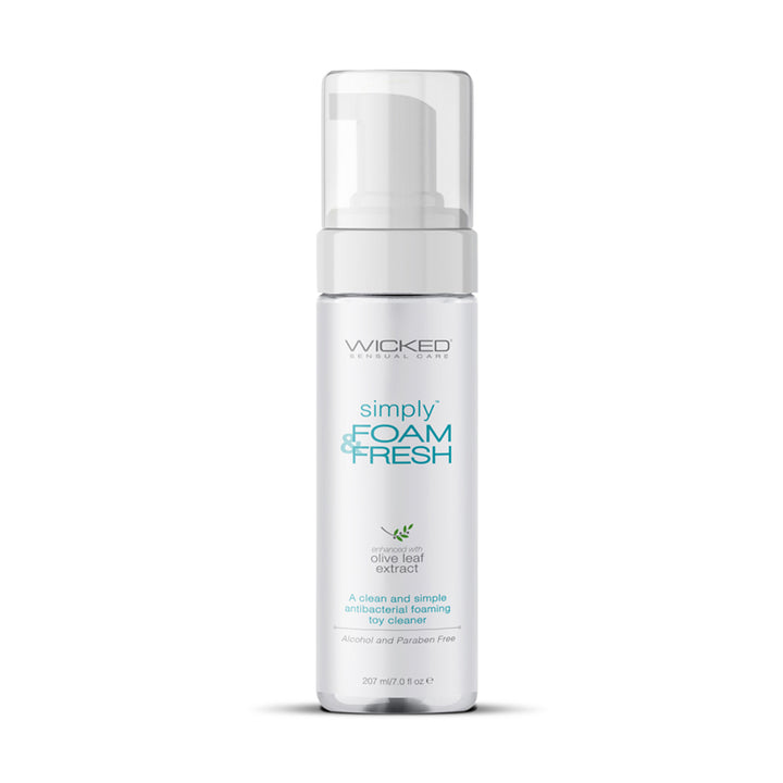 Wicked Sensual Care Simply Foam & Fresh antibacterial foaming toy cleaner with olive leaf extract in a white pump bottle, 7 oz.