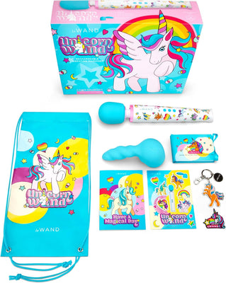 Le Wand Unicorn Wand 8-piece set with colorful unicorn-themed packaging, silicone texture attachment, drawstring pouch, stickers, keychain, and guidebook.