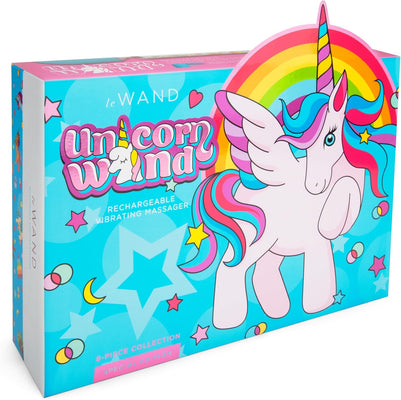 Le Wand Unicorn Wand 8-piece Collection packaging with colorful unicorn and rainbow design on a bright blue background.
