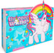 Le Wand Unicorn Wand 8-piece Collection packaging with colorful unicorn and rainbow design on a bright blue background.