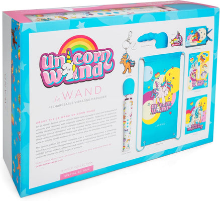 Le Wand Unicorn Wand 8-piece set with colorful unicorn-themed vibrator, textured attachment, storage pouch, keychain, stickers, patch, and guidebook.
