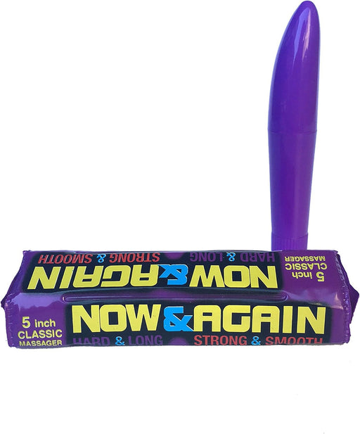 Purple 5-inch Now And Again classic massager with matching purple packaging box on white background.
