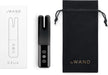 Le Wand Deux black dual-ended mini vibrator with control buttons, packaging box, and black drawstring storage pouch.