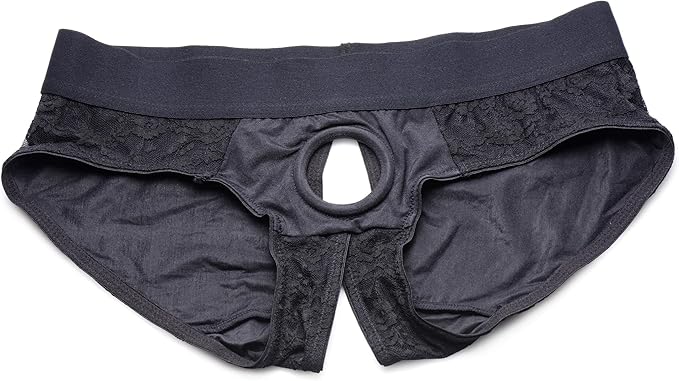 Black lace crotchless panty harness with wide waistband and central O-ring for versatile wear.