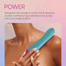 Person holding a sleek blue silicone vibrator against their shoulder with text about 8 vibration modes and power.