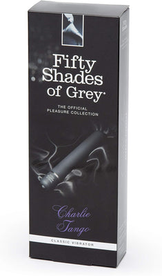 Fifty Shades of Grey Charlie Tango classic vibrator in black packaging with satin background image.
