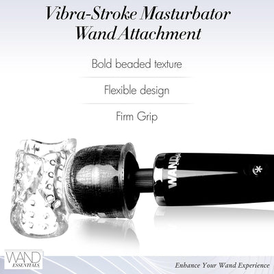 Clear textured Vibra-stroke masturbator attachment on a black massage wand with bold beaded design and flexible grip.