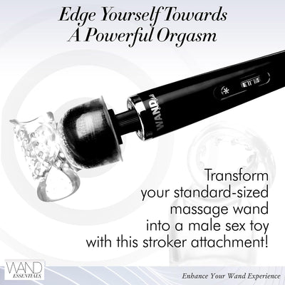 Clear textured stroker attachment fitted on a black massage wand for enhanced male pleasure.