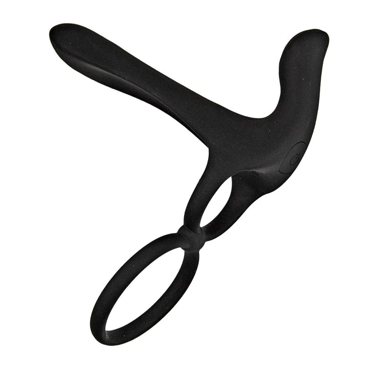 Black silicone dual-ring enhancer with textured stimulator and ergonomic design for couples' pleasure and solo use.