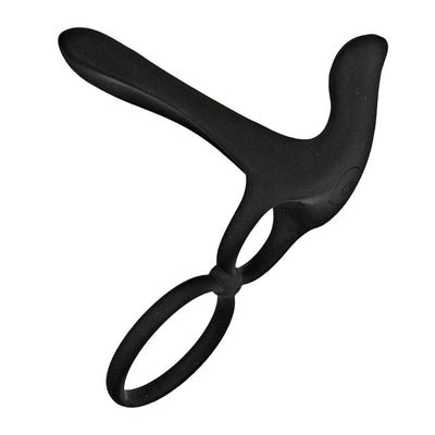 Black silicone dual-ring enhancer with textured stimulator and ergonomic design for couples' pleasure and solo use.