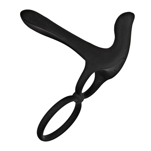 Black silicone dual-ring enhancer with textured stimulator and ergonomic design for couples' pleasure and solo use.