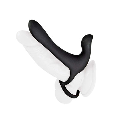 Black silicone enhancer with dual rings and curved stimulator designed for couples and solo pleasure.