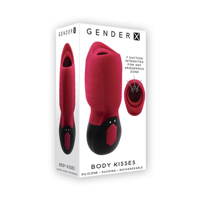 Red and black Gender X Body Kisses suction toy with 7 suction intensities shown on white packaging box.