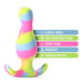 Colorful lime, pink, and blue silicone plug with tapered head and curved base, highlighting Ultrasilk smooth, StayPut, and AnchorTech features.