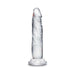Clear 7-inch realistic dildo with textured surface and sturdy suction cup base standing upright on white background.