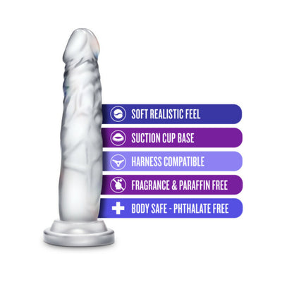 Clear 7-inch realistic dildo with suction cup base and textured design, highlighting soft feel and body-safe materials.